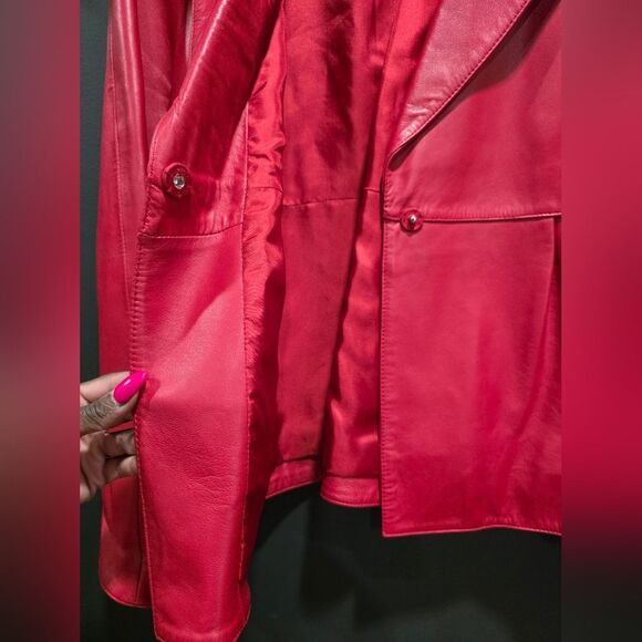 Red Leather Blazer Jacket Jones New York Collection One Snap Closure Collar Sz L - Picture 9 of 12